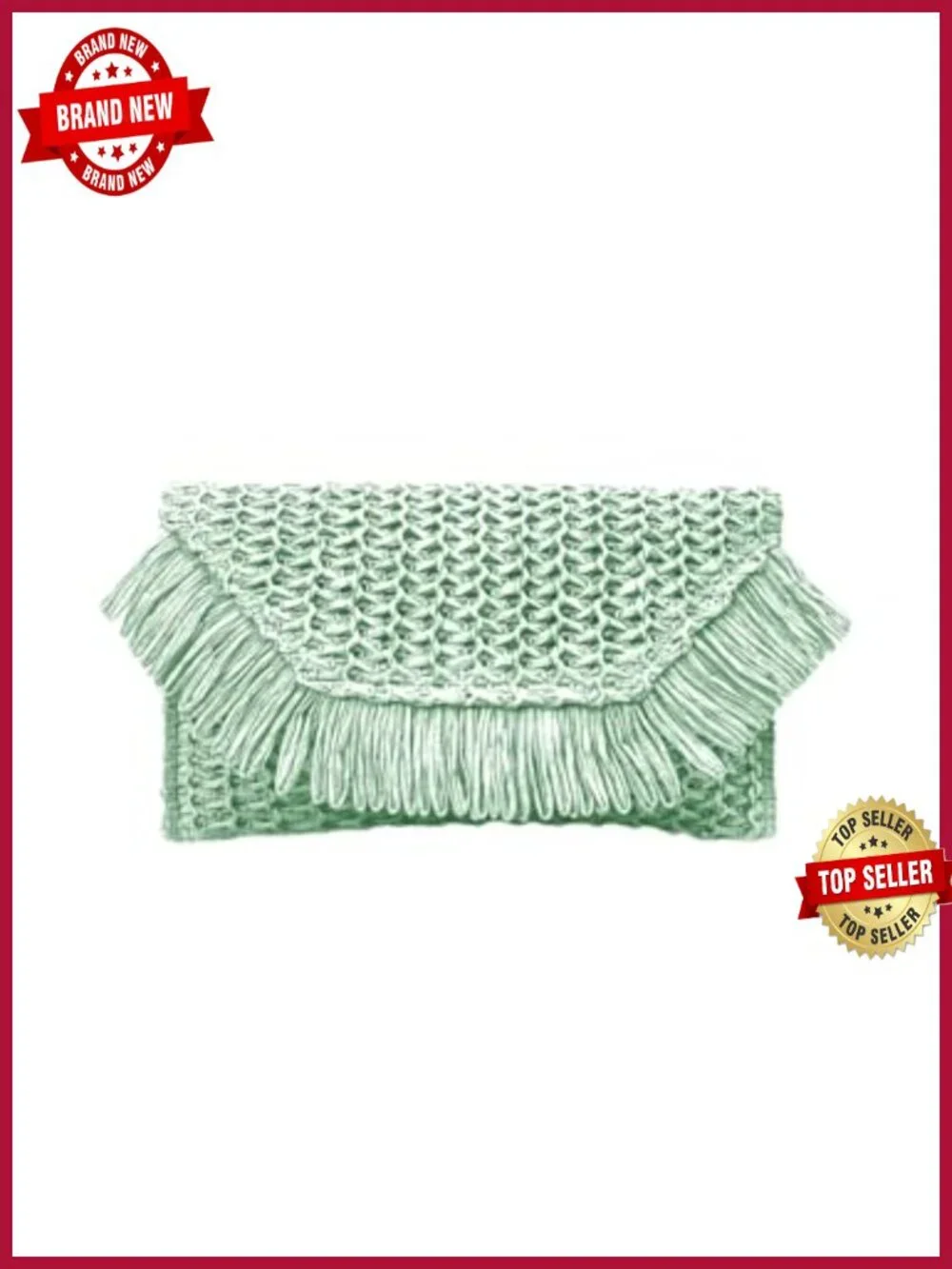 Woven Straw Envelope Fringe Trim Rattan Beach Clutch Handbag